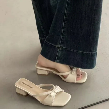 2026 Summer New Elegant Square Toe Bow Low Heel Slide Sandals Women's Versatile Fairy Style Fashion Slippers
