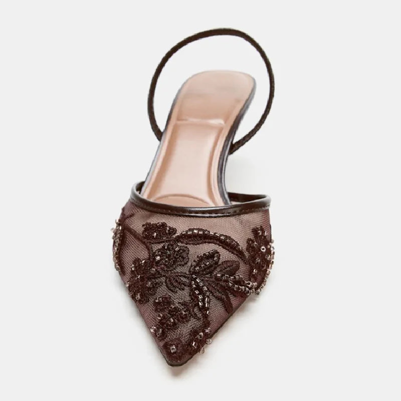 Luxury Mesh String Bead Design High Heels Women High Quality Hand Embroidery Heeled Sandals Elegant Banquet Slingback Dress Shoe