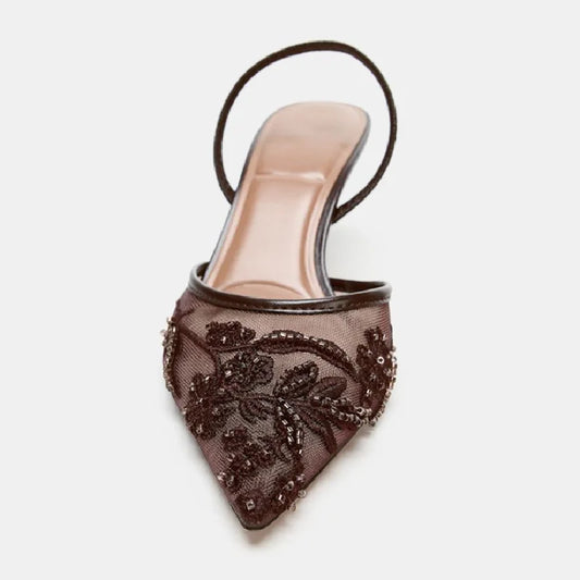 Luxury Mesh String Bead Design High Heels Women High Quality Hand Embroidery Heeled Sandals Elegant Banquet Slingback Dress Shoe