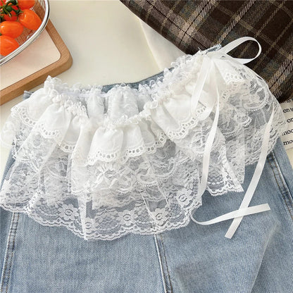 Korean Sweet Embroidered Ruffled Lace Trim Fart Curtain A Line Skirt Women High Waist Layering Cake Skirts Y2K Girls Streetwear