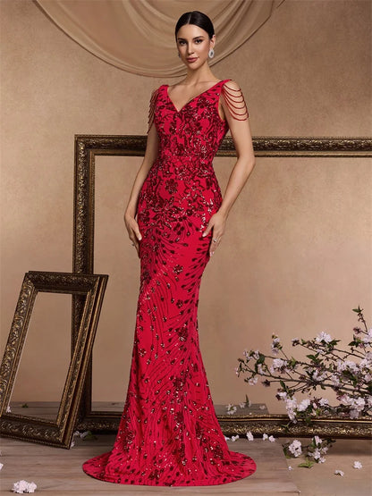 Elegant Deep V-Neck Red Sequin Formal Evening Dresses Women 2024 Beading Wedding Party Mermaid Cocktail Prom Gown