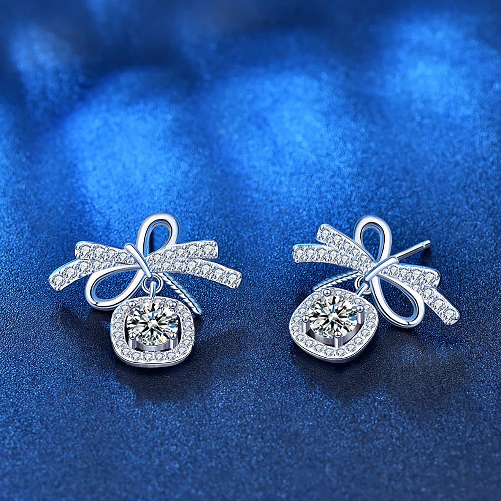 Ribbon Bowknot Tie Moissanite Stud Earrings 925 Sterling Silver 1CT Square Lab Diamond Fine Jewelry For Women Girl Birthday Gift