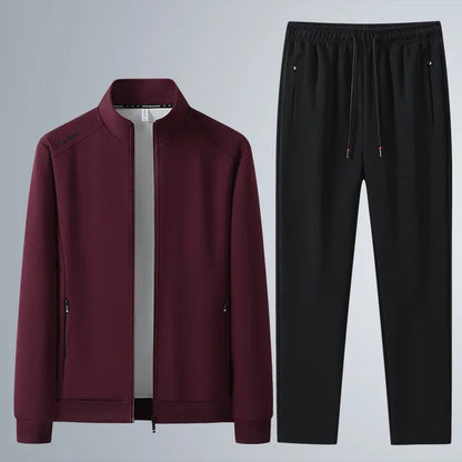 Spring Autumn New Men's Cotton Sports Suit Stand Collar Sweatshirt Middle-Aged And Elderly Casual Stylish Cardigan Loose-Fit 2-P