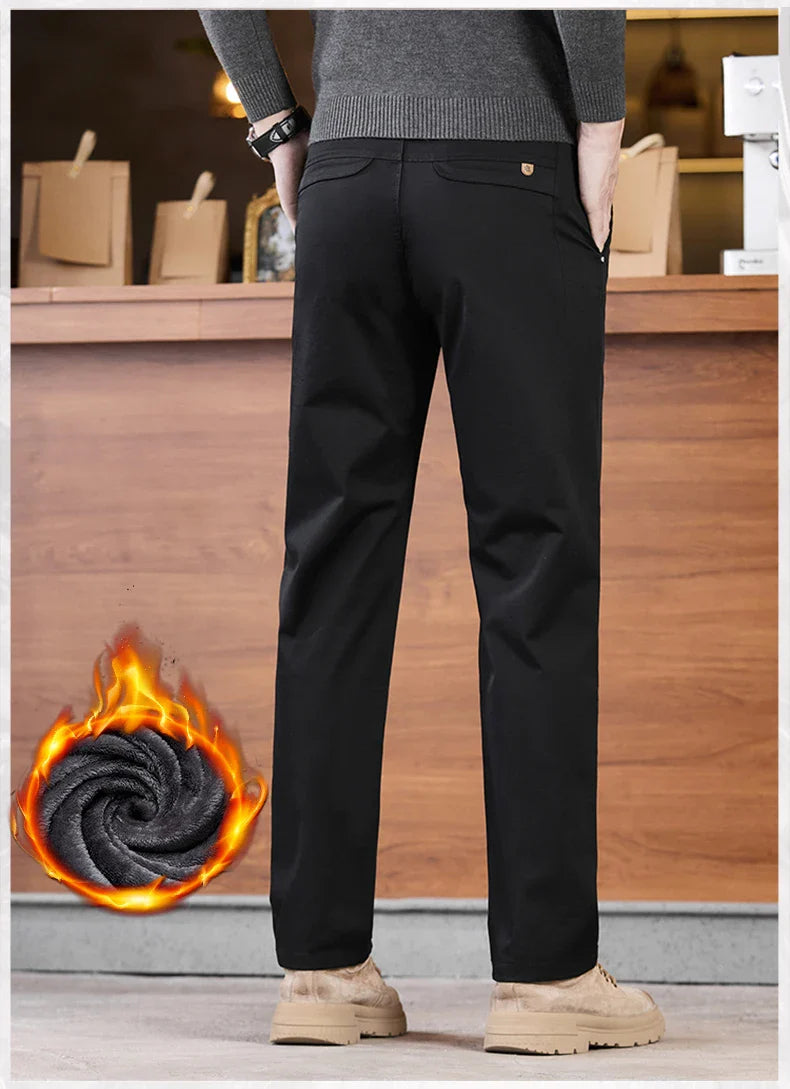 2025 Winter Fleece Pants Men's Pocket Fashion Thickened Cotton Stretch Comfort Plush Straight Business Pants Male