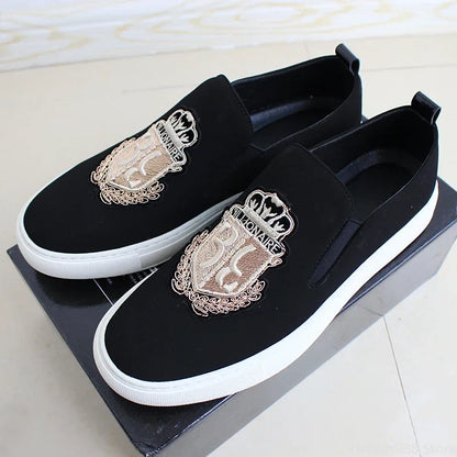 Sapatênis Masculino Novo Casual Preto Camurça Couro Festa Luxo Bordado Sapatilha Mocassim Slip-On