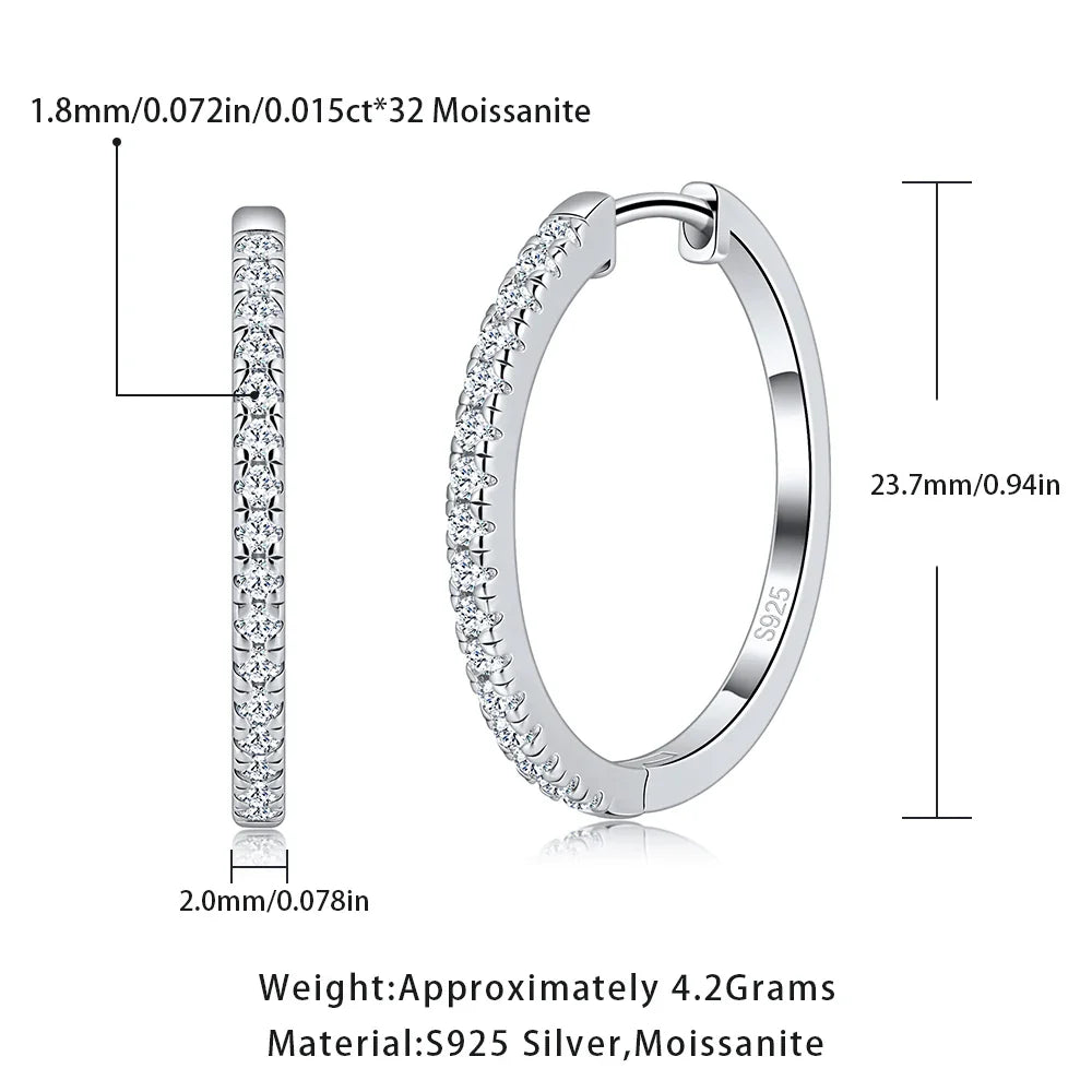 Pretty Beauty 23mm Moissanite Hoop Earrings S925 Sterling Silver for Women Wedding Party White Gold Plated Fine Jewelry Gifts