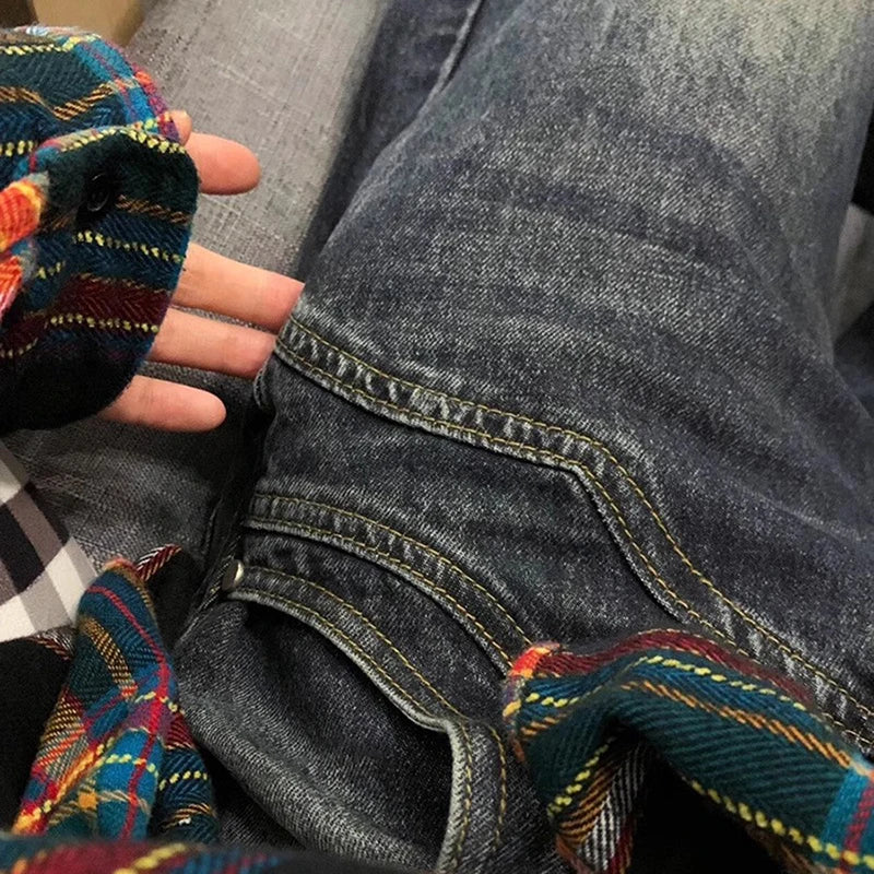 Calça Jeans Y2K Spicy Girl Série Escura Perna Larga Feminina Nova Streetwear Splicing Solta Cintura Alta Modeladora Boca de Sino