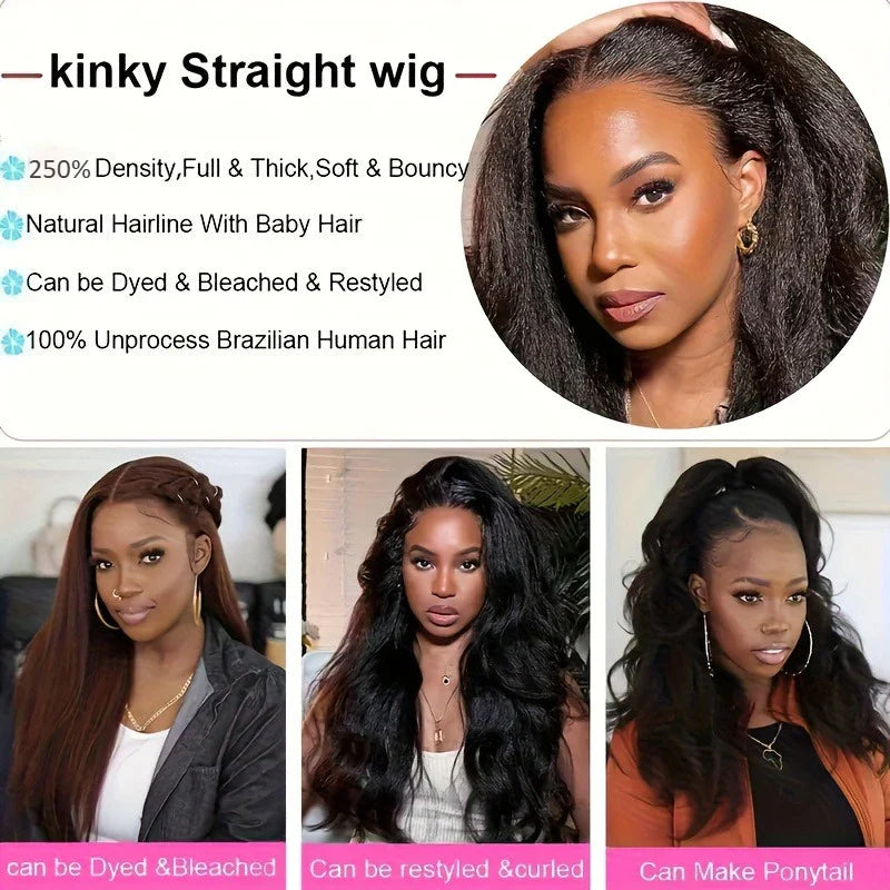 250% Density Human Hair Wig Kinky Straight Yaki Texture Pre Plucked 13x4 and 5x5 Glueless HD Lace Front Designed for Black Women