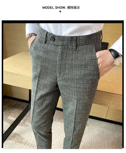 Boutique Classic Plaid and Striped Fashion Men's Casual Business Slim Suit Pants Groom Wedding Dress Trousers Party