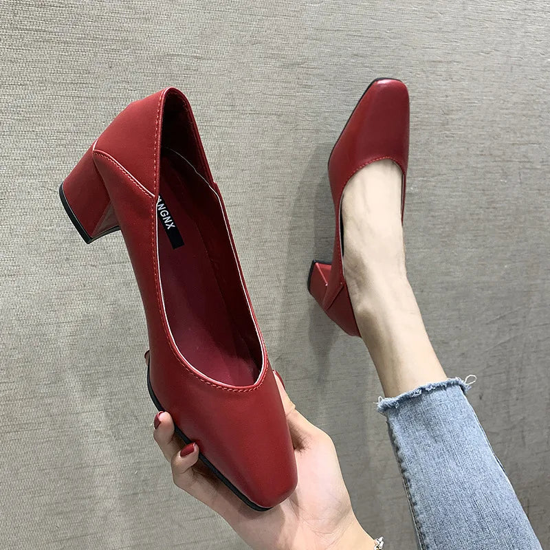 Shallow Mouth with Follow-up Shoes 2024 New Simple Solid Color Middle Heel Square Toe Daily Work Single Shoe Zapatos De Mujer