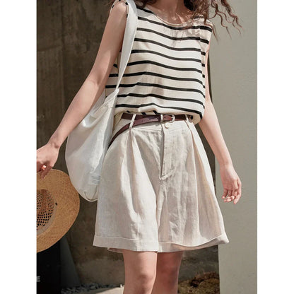 Summer Korea Style Lazy Linen Curled Bermuda Shorts Wide Leg Loose Slim Casual Hot Pants For Women