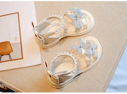 Kids Roman Sandals 2024 New Girls'  Princess Shoes with Butterfly Girl Fashion Sweet Pearl Beach Shoes with Back Knot Anti Slip
