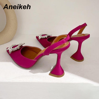 Aneikeh Marca Feminina Salto Alto de Seda Luxuoso Salto Alto com Laço de Borboleta de Cristal Sapatos Pontudos de Verão Salto Triângulo Sapatos de Noiva