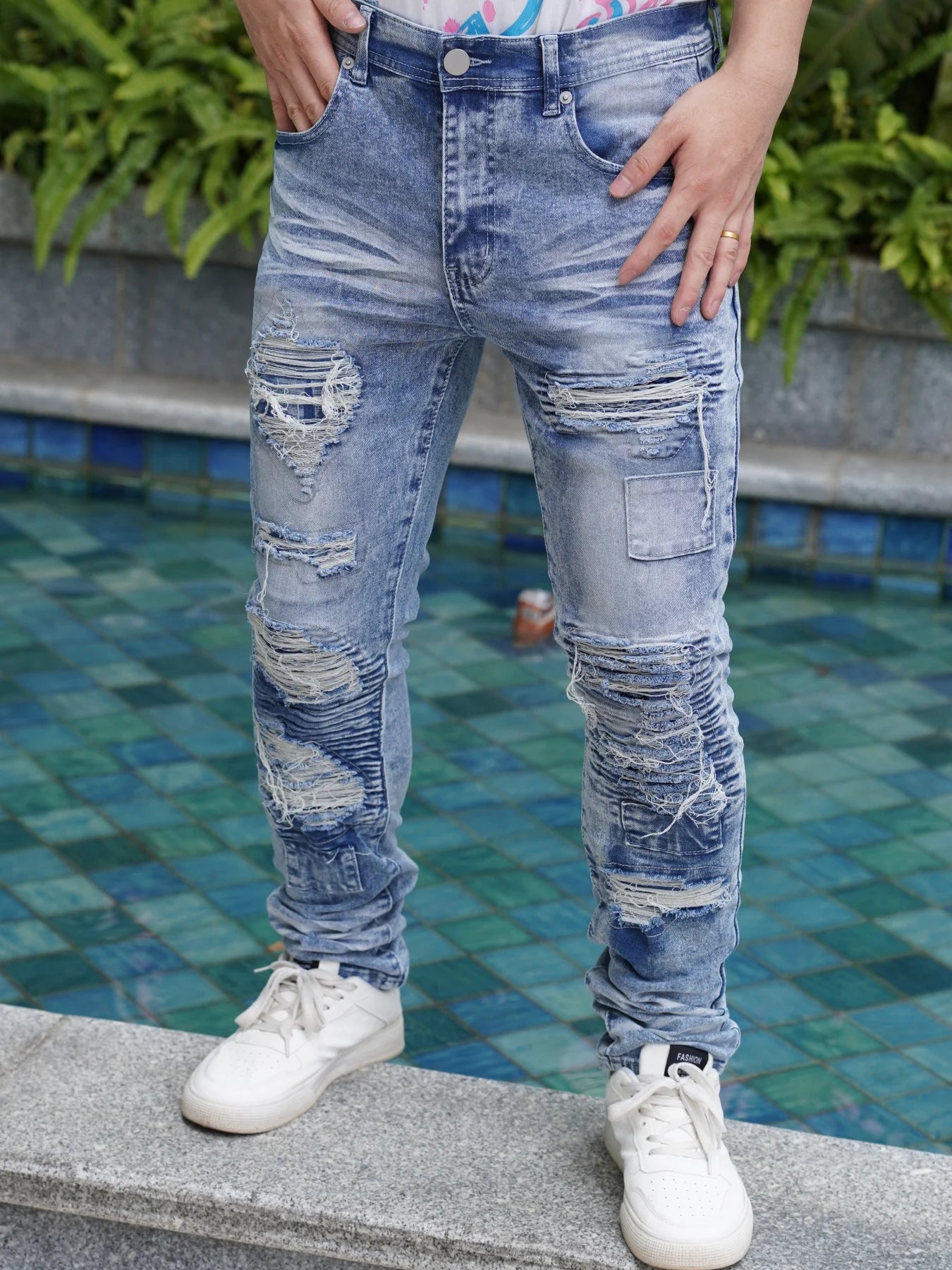 Men'S Wide Leg Jeans  Distressed And Patched Style  New Arrivals For Summer  Breathable And Cool  Promotion With Free Shipping