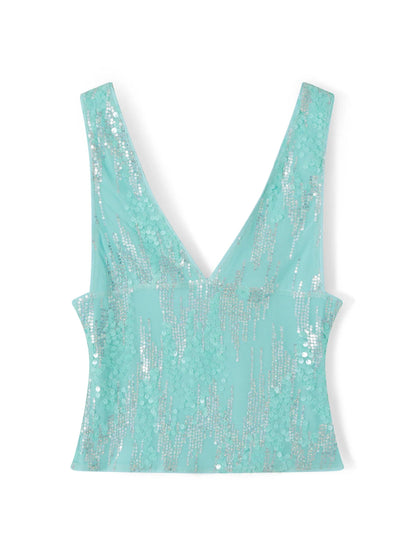 Women Sequin Tank Tops Slim Sparkly Deep V Neck Sleeveless Open Back Crop Vest Casual Summer Streetwear