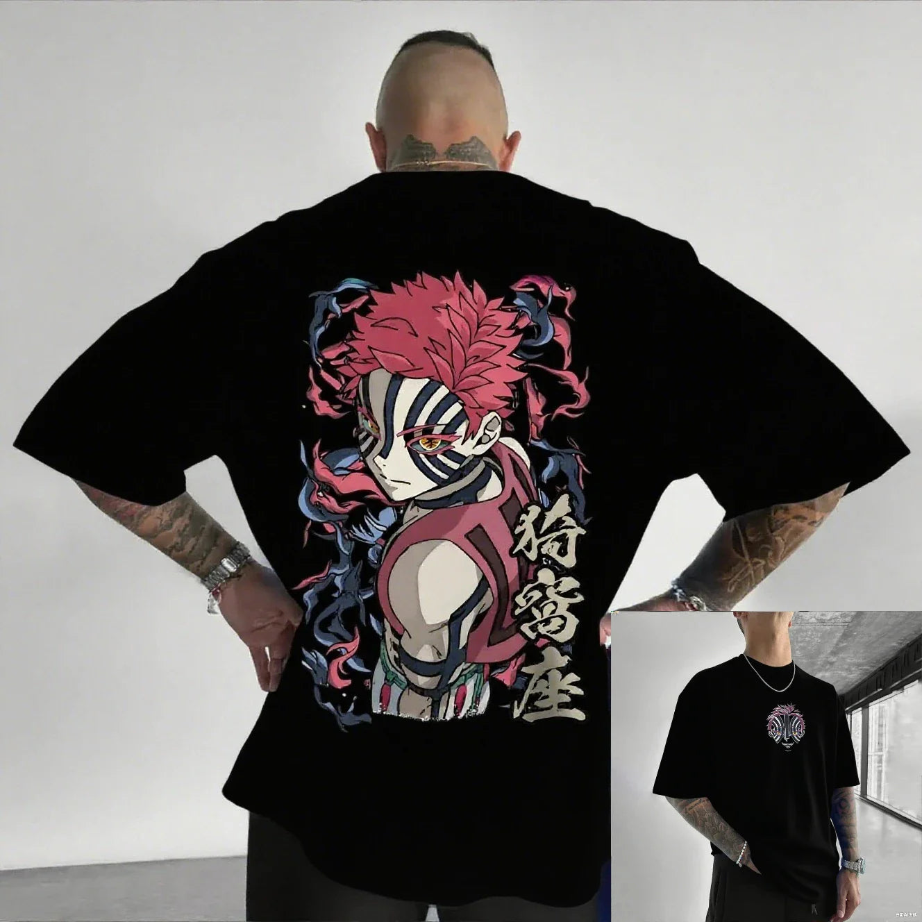 Camiseta Masculina Demon Slayer Akaza Anime Oversized Algodão Feminina Manga Curta Tops Verão Streetwear Gráfica Casual Roupa Y2k