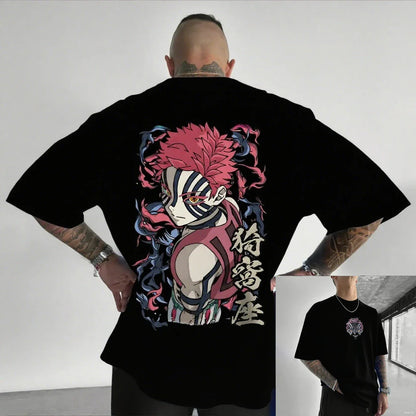 Camiseta Masculina Demon Slayer Akaza Anime Oversized Algodão Feminina Manga Curta Tops Verão Streetwear Gráfica Casual Roupa Y2k