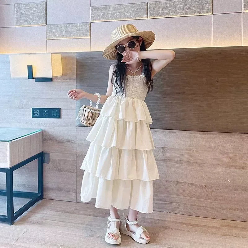 Girls Sling Dress Summer Children Layers Slip Long Gown Kids Birthday Party Vestidos Clothes Teen Casual Sleeveless Dress 4-12Y