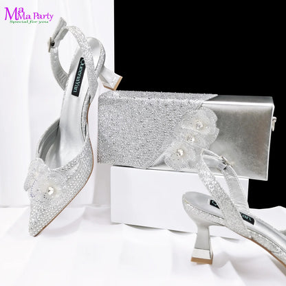 Coffee Color Mature Style New Arrivals High Quality Italian Women Shoes and Bag Set Party Shoes for Wedding with Crystal