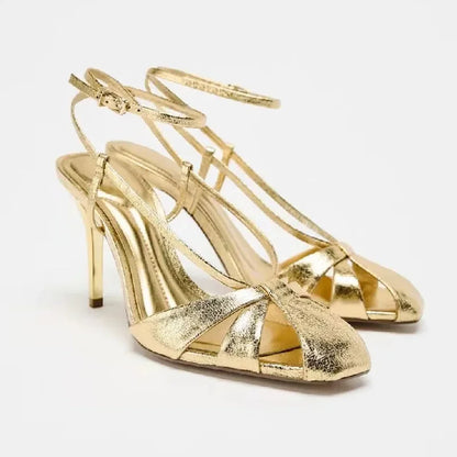 Fashion Gold Thin Heeled Sandals Women Sexy Ankle Strap Buckle Gladiator Sandal Luxury Banquet Brand Designer Shoe Zapatos Mujer