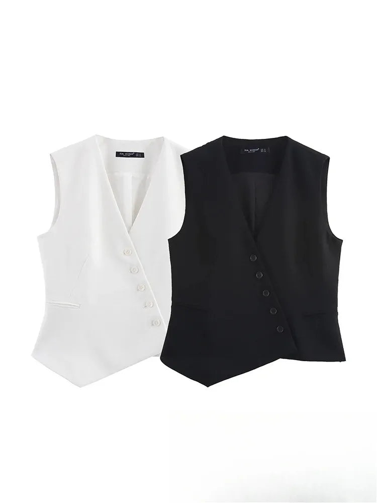 Casual Women Solid Tops Asymmetric V-Neck Single Breasted Pockects Sleeveless Vest Fashion 2025 Autumn Blazer Tops