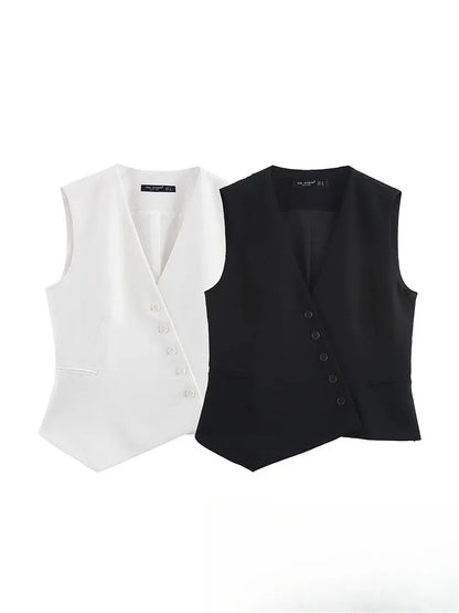 Casual Women Solid Tops Asymmetric V-Neck Single Breasted Pockects Sleeveless Vest Fashion 2025 Autumn Blazer Tops