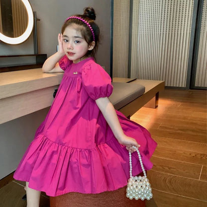 New Girls Princess Dress 2026 Summer Children Loose Sweet Rose Red Dress Kids Short Sleeve Patchwork Dress 2-8 Years