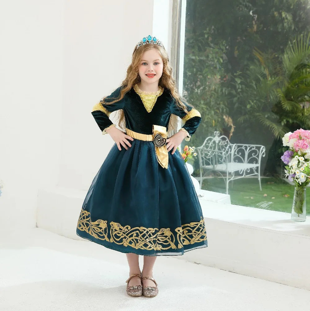 Girl Cosplay Brave the Heart Princess Merida Long Sleeves Dress Belt Set Holiday Party Carnival Party Stage Outfits Dress