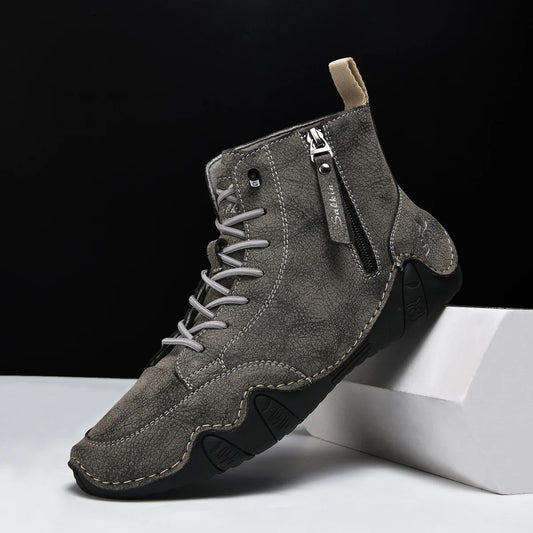 Novos Sapatos Casuais Feitos à Mão Masculinos 2025 Tênis Botas Cano Curto Couro Zíper Lateral Confortáveis Respiráveis Antiderrapantes Para Caminhada Ao Ar Livre