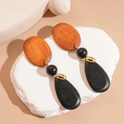 Vintage Wood Earring Dangle for Women Geometric Oval Water Drop Earrings European American Style Large Long Earrings Jewelry