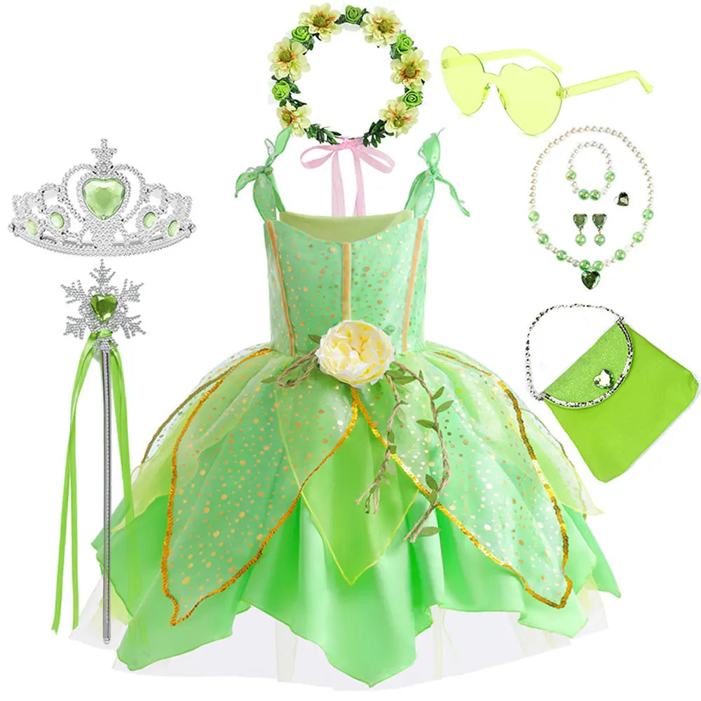 Elf Movie Tinker Bell Girls Play Fairy Dress Green Suspender Skirt With Wings and Flower Christmas Gift for Girls