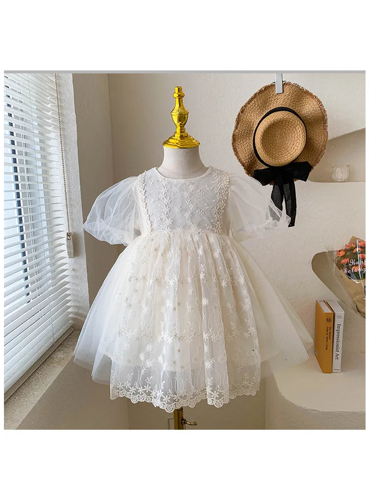 Kid Girl White Short Sleeve Dress Delicate Floral Embroidery Puff Mesh Sleeves and Tulle Overlay Skirt for Children Casual Wear