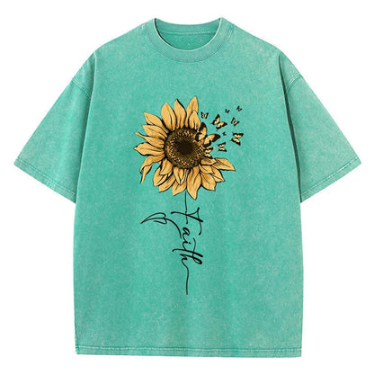 Sunflower And Butterfly Cotton Washed T-Shirt Women Prints Tops Summer O-Neck Oversized T Shirts Vintage Black Woman Clothes