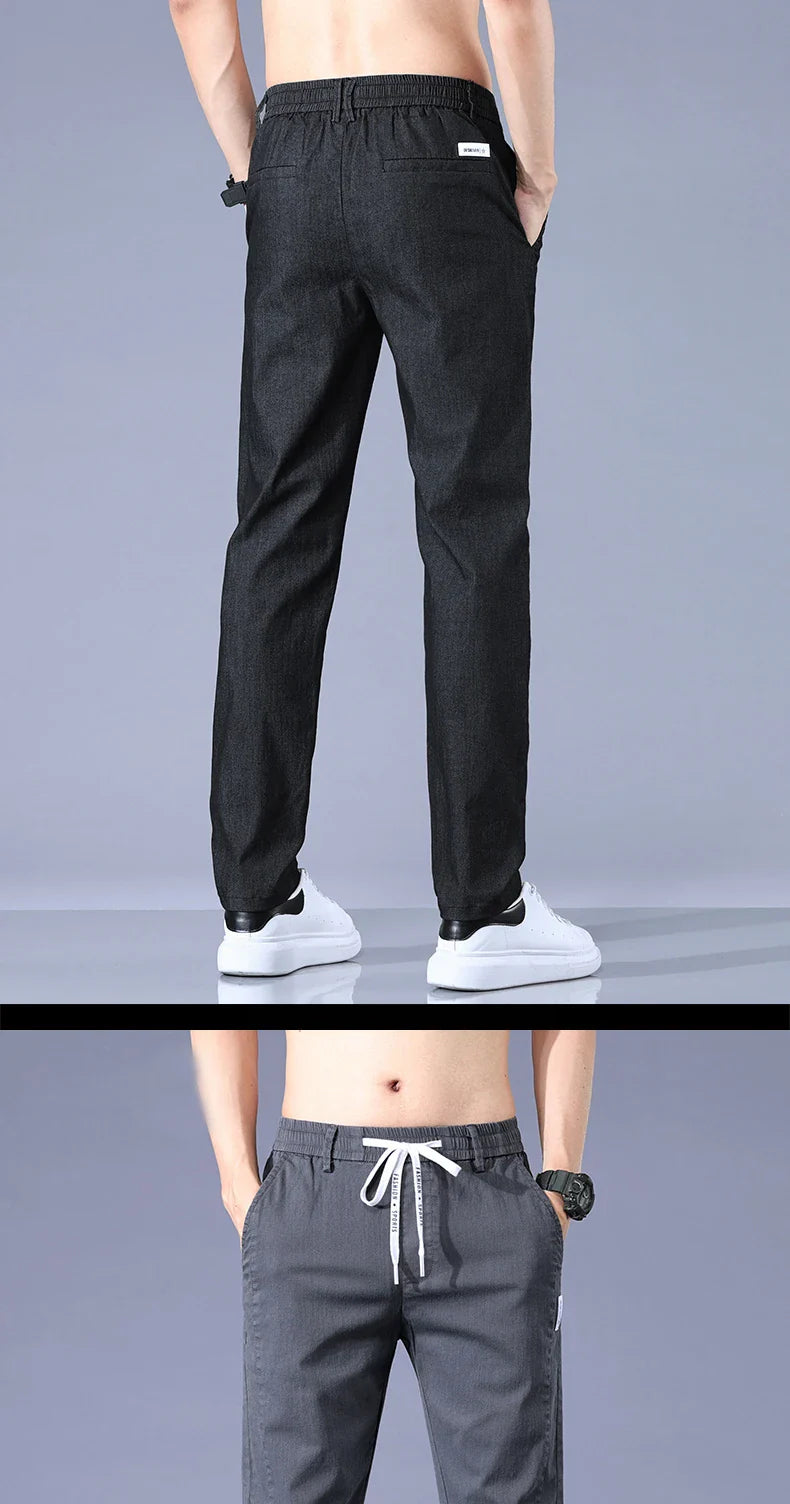 Size 28-38 Thin Casual Pants Mens Slim Simple Cotton Stretch Spring Summer Trousers Elastic Waist Drawstring Jogging Sweatpants