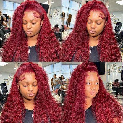 13x6 99j Burgundy Lace Front Wigs Human Hair Deep Wave 250 Density Transparent Frontal Wigs Pre Plucked Red Curly Wigs for Women