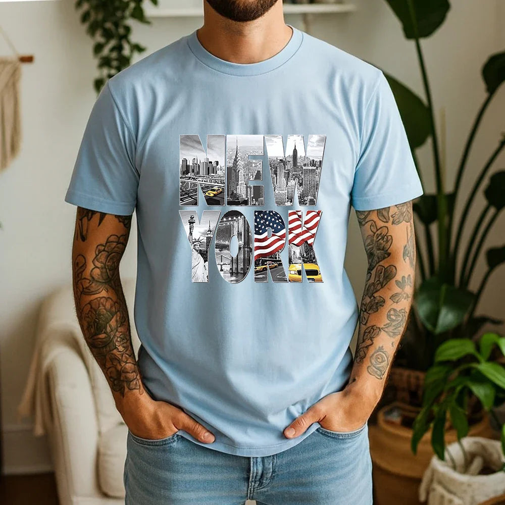 New Summer 100% Cotton T-Shirt New York City Landmark Letter Retro American Street Style Oversized Breathable Short Sleeve