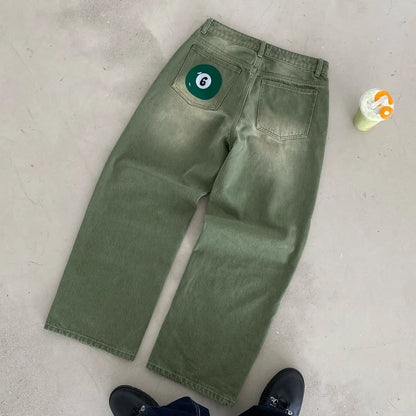 Calça Jeans Retrô Y2K Matcha Lavada Borda de Bilhar Calça Jeans Bordada Moda de Londres Estilo de Nova York Streetwear Unissex Jeans Folgado
