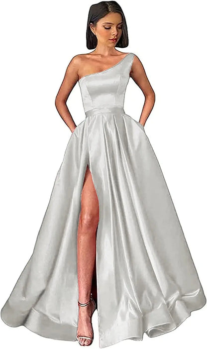 Women's One Shoulder Prom Dresses with Pocket High Slit Pleated Satin Corset Formal Gowns Evening Dress A Line Bridesmaid Gown