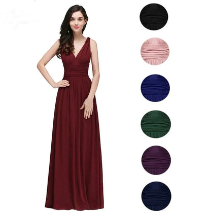 Elegant Burgundy V Neck Long Evening Dresses Summer Sleeveless Chiffon Ruched Formal Wedding Party Prom Gowns Vestido De Fiesta
