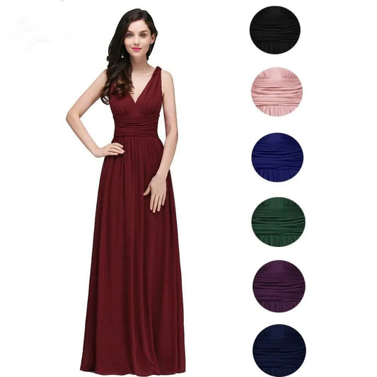 Vestidos Longos de Noite Elegantes Vinho Gola V Sem Mangas Chiffon Drapeado Formais para Festa de Casamento Baile de Formatura Vestido De Festa