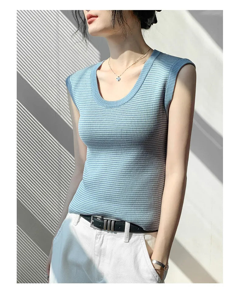 2026 Spring Summer O-Neck Striped Vest Top Simple Slim Fit Sleeveless Casual Versatile Women's Tank Top