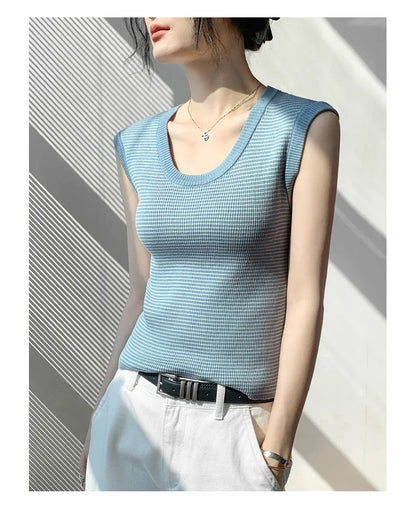 2026 Spring Summer O-Neck Striped Vest Top Simple Slim Fit Sleeveless Casual Versatile Women's Tank Top