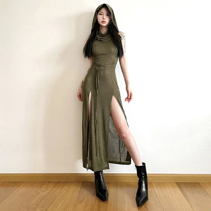 European And American Style Sleeveless Hooded Dress Long Split Hollow out Pure Color Women's Gown