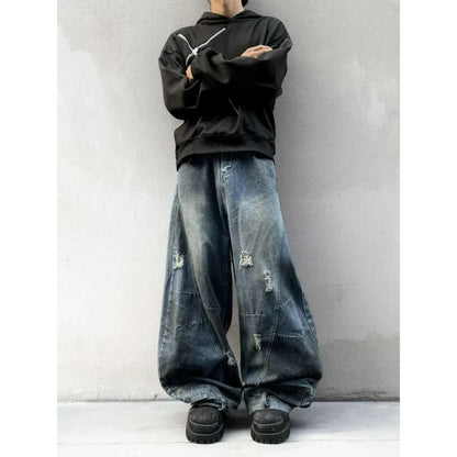 Autumn New Men's 98% Cotton Jeans American Y2k Streetwear Hole Patchwork Design Denim Pants Youth Straight Baggy Stretch Jeans