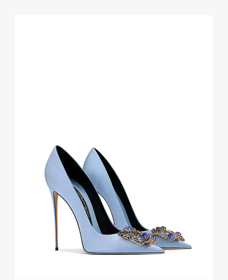 2026 Spring and Autumn New Women's Blue High Heels Pointed Thin Heel Rhinestone Square Buckle Dress Fashion Women's Shoes