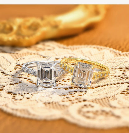 Luxury Emerald Cut Moissanite Rings forWomen S925 Silver 4CT Solitaire Engagement Band with Pavé Accents Bridal Jewelry
