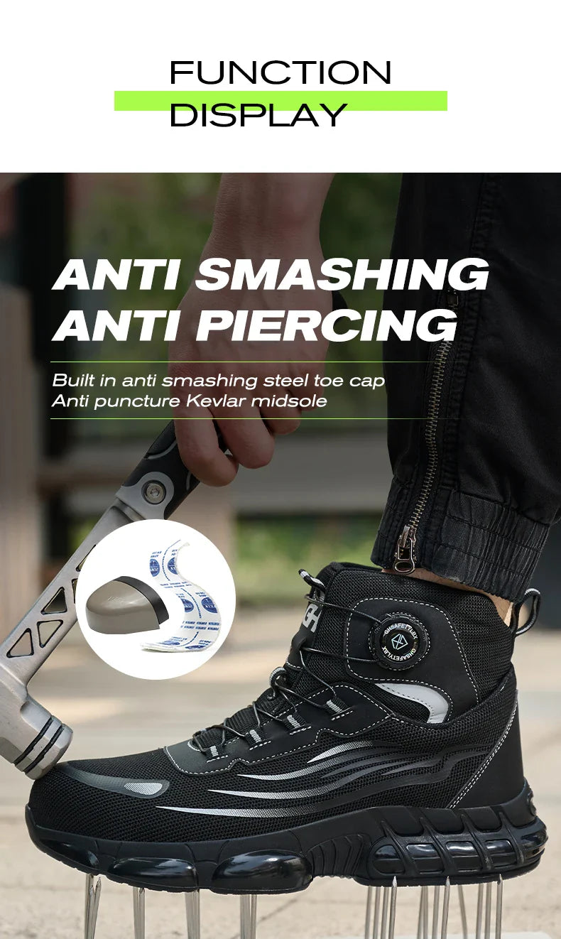 Men's Safety Shoes High Top Work Safety Shoes Steel Toe Sneakers Rotation Button Anti-smash Antipuncture Steel  Safety Boots