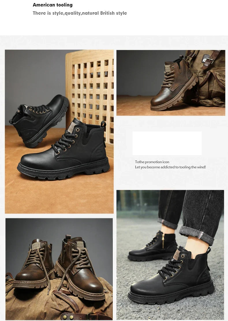 New MEN'S BOOTS with Retro Style Leather Boots, Thick Soles, Wear-resistant MEN'S High Top Casual Shoes, Side Zippers