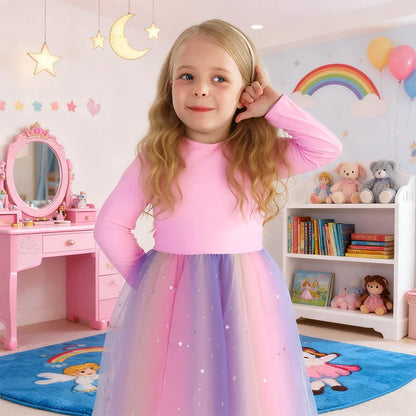 Baby Girls Dress Children Cartoon Mesh Star Sequins Princess Dress Kids Flying Sleeve Skirt For Birthday Gift