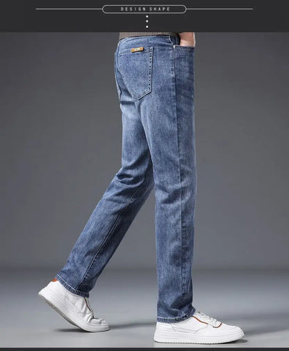 Calça Jeans Masculina Coreana Macia Elástica Slim Fit Negócios Casual Reta Jeans Clássica Marca Azul Lavado Cinza